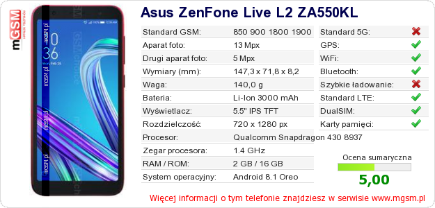 Dane telefonu Asus ZenFone Live L2 ZA550KL Dane telefonu Asus ZenFone Live L2 ZA550KL