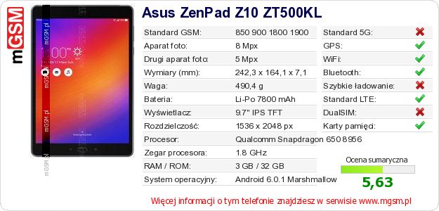 Dane telefonu Asus ZenPad Z10 ZT500KL Dane telefonu Asus ZenPad Z10 ZT500KL