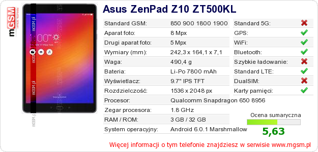 Dane telefonu Asus ZenPad Z10 ZT500KL