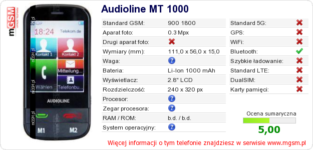 Dane telefonu Audioline MT 1000