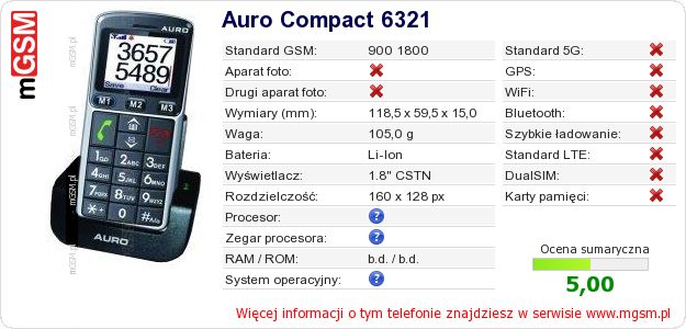 Dane telefonu Auro Compact 6321 Dane telefonu Auro Compact 6321