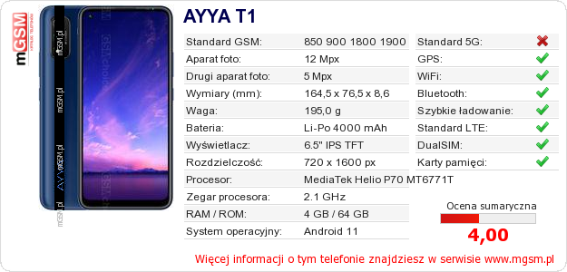 Dane telefonu AYYA T1 Dane telefonu AYYA T1