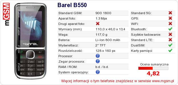 Dane telefonu Barel B550 Dane telefonu Barel B550
