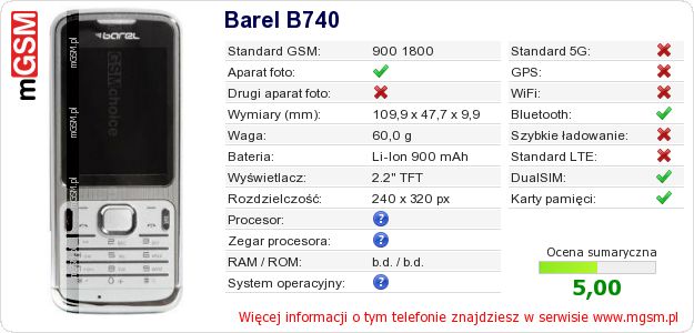 Dane telefonu Barel B740 Dane telefonu Barel B740