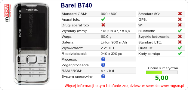 Dane telefonu Barel B740 Dane telefonu Barel B740