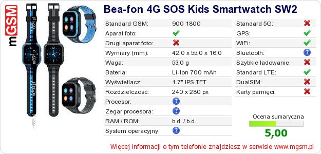 Dane telefonu Bea-fon 4G SOS Kids Smartwatch SW2 Dane telefonu Bea-fon 4G SOS Kids Smartwatch SW2