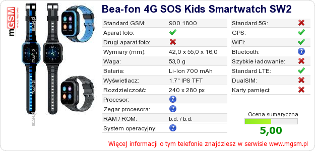 Dane telefonu Bea-fon 4G SOS Kids Smartwatch SW2