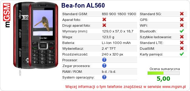 Dane telefonu Bea-fon AL560