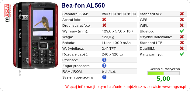 Dane telefonu Bea-fon AL560