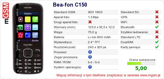 Dane telefonu Bea-fon C150 Dane telefonu Bea-fon C150