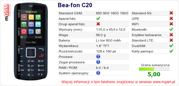 Dane telefonu Bea-fon C20