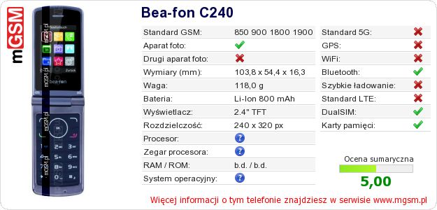 Dane telefonu Bea-fon C240