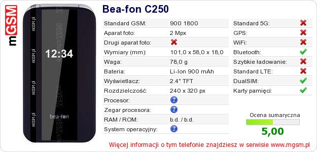 Dane telefonu Bea-fon C250