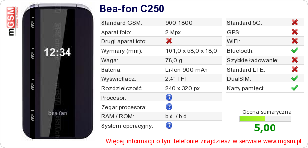 Dane telefonu Bea-fon C250