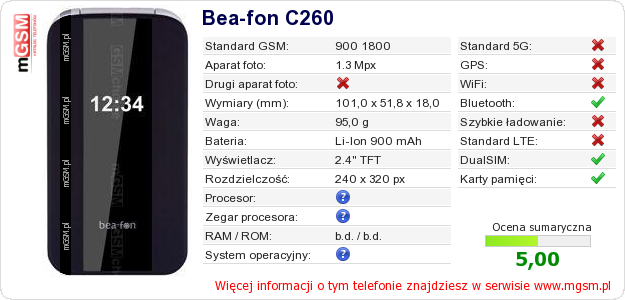 Dane telefonu Bea-fon C260 Dane telefonu Bea-fon C260