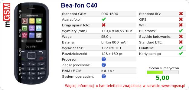 Dane telefonu Bea-fon C40
