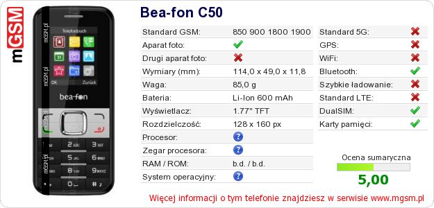 Dane telefonu Bea-fon C50 Dane telefonu Bea-fon C50