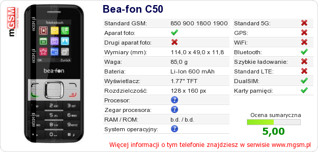Dane telefonu Bea-fon C50