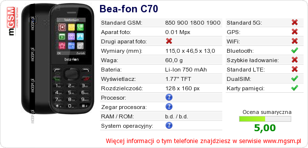 Dane telefonu Bea-fon C70