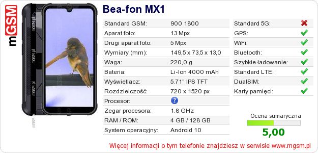 Dane telefonu Bea-fon MX1