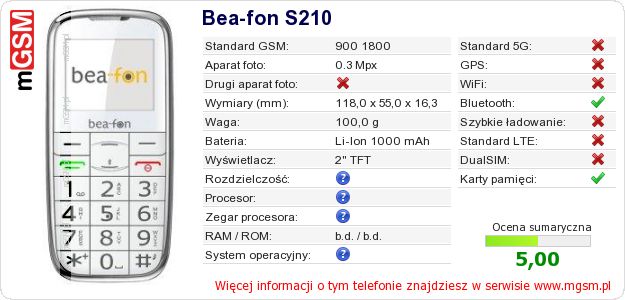 Dane telefonu Bea-fon S210