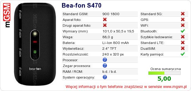 Dane telefonu Bea-fon S470