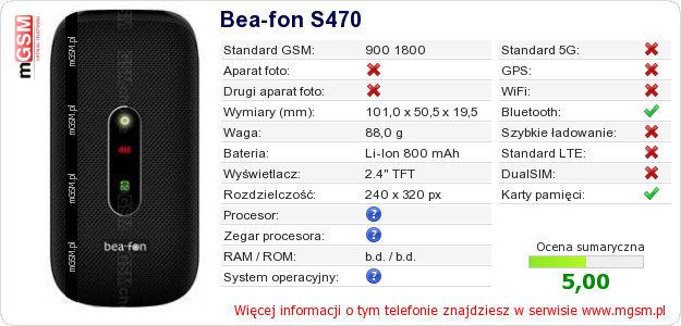 Dane telefonu Bea-fon S470