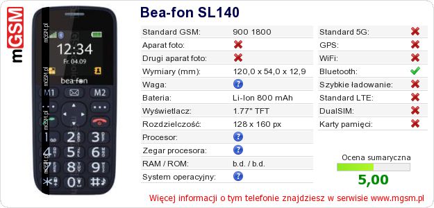 Dane telefonu Bea-fon SL140