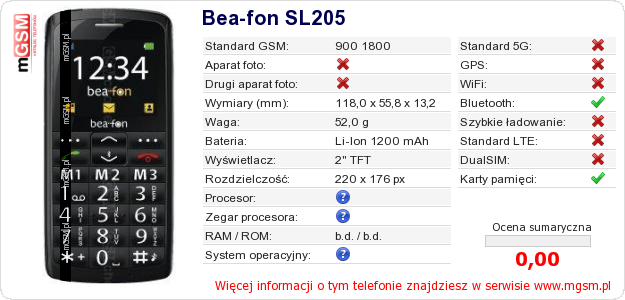 Dane telefonu Bea-fon SL205