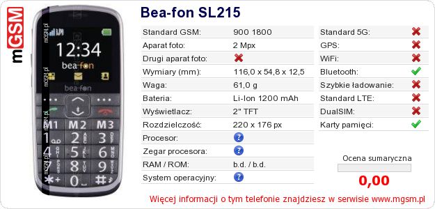 Dane telefonu Bea-fon SL215