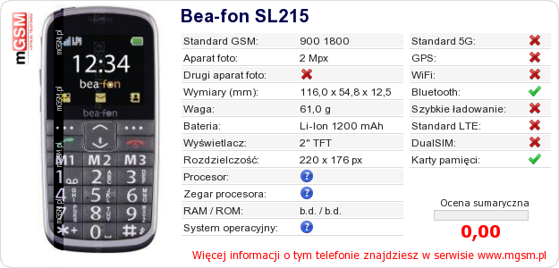 Dane telefonu Bea-fon SL215