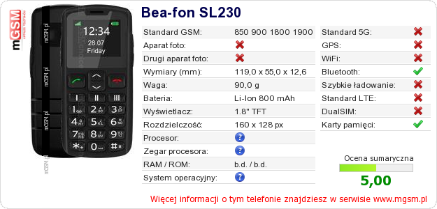 Dane telefonu Bea-fon SL230