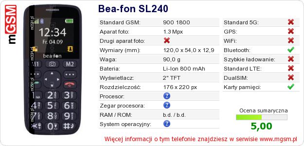 Dane telefonu Bea-fon SL240 Dane telefonu Bea-fon SL240