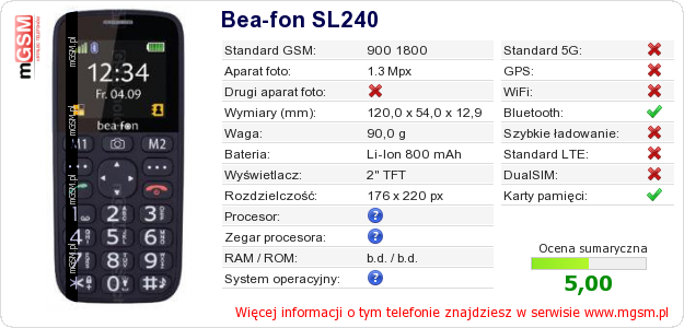 Dane telefonu Bea-fon SL240