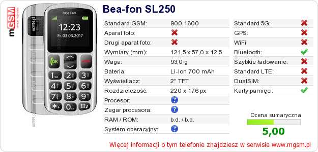 Dane telefonu Bea-fon SL250