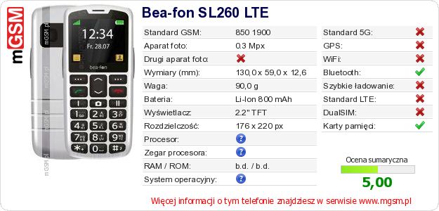 Dane telefonu Bea-fon SL260 LTE
