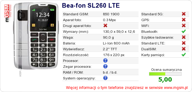 Dane telefonu Bea-fon SL260 LTE
