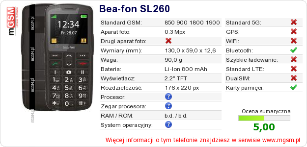 Dane telefonu Bea-fon SL260