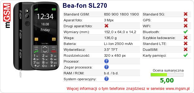 Dane telefonu Bea-fon SL270 Dane telefonu Bea-fon SL270