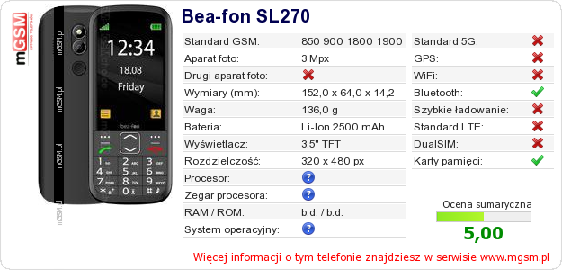 Dane telefonu Bea-fon SL270 Dane telefonu Bea-fon SL270