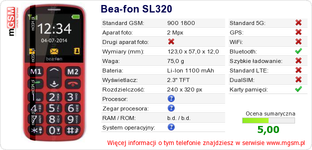 Dane telefonu Bea-fon SL320