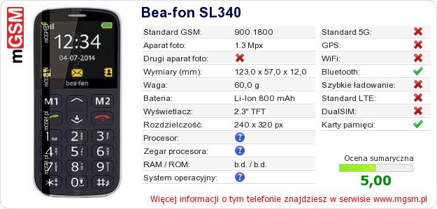 Dane telefonu Bea-fon SL340 Dane telefonu Bea-fon SL340