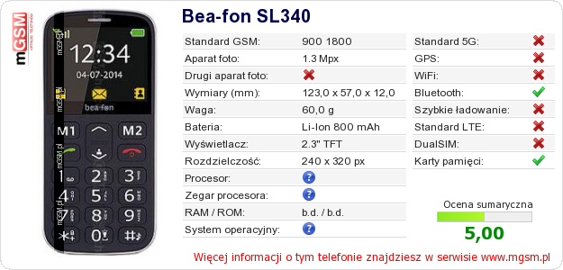 Dane telefonu Bea-fon SL340