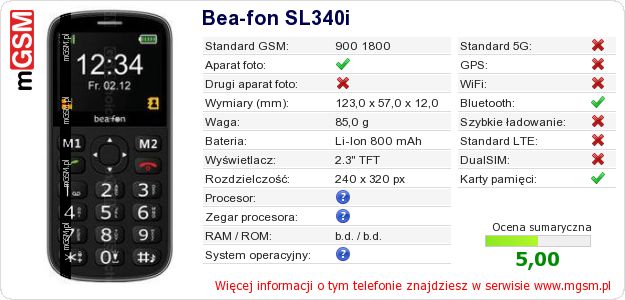 Dane telefonu Bea-fon SL340i Dane telefonu Bea-fon SL340i