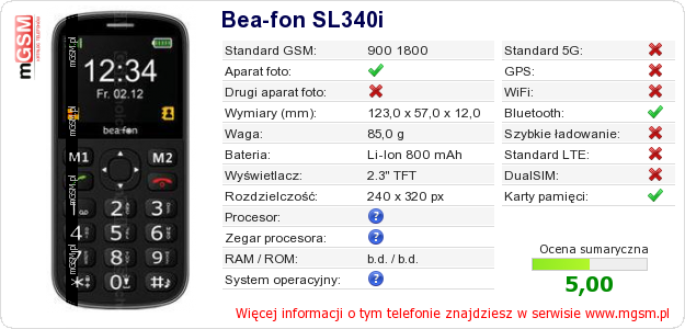 Dane telefonu Bea-fon SL340i Dane telefonu Bea-fon SL340i