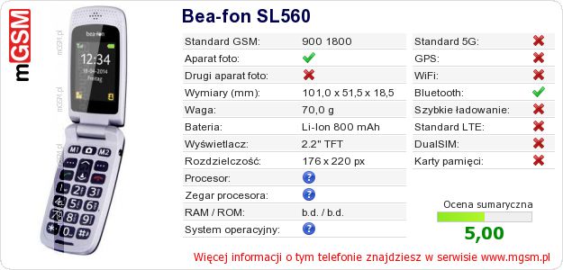 Dane telefonu Bea-fon SL560 Dane telefonu Bea-fon SL560