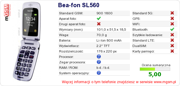Dane telefonu Bea-fon SL560 Dane telefonu Bea-fon SL560