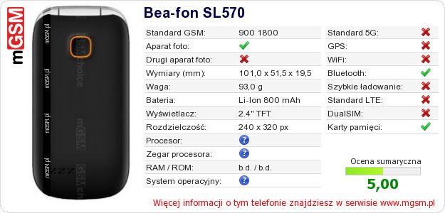 Dane telefonu Bea-fon SL570 Dane telefonu Bea-fon SL570