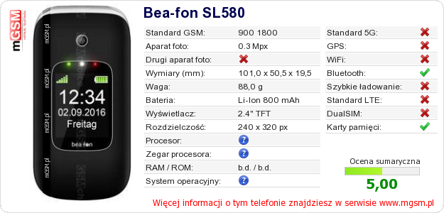 Dane telefonu Bea-fon SL580