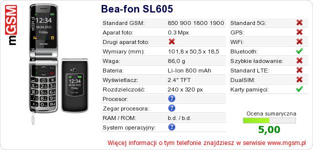 Dane telefonu Bea-fon SL605